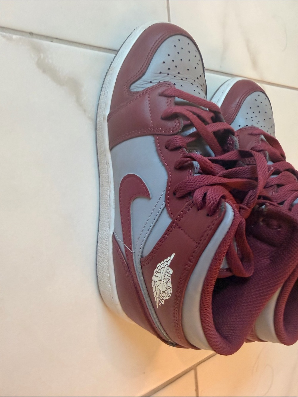 Air Jordan Kids Maroon and Gray High-Top Sneakers with Wing Emblem